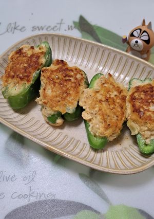 A picture of Light and Tasty Stuffed Bell Peppers with Ground Chicken.