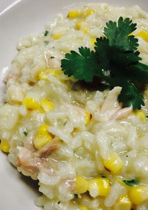 A picture of Risotto with Chicken, Grilled Corn and Cilantro.