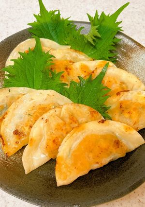 A picture of Easy Folded Dumplings with Boiled Shrimp and Shiso.