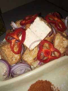 A picture of Fried tofu with egg.