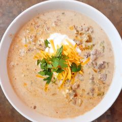 A picture of Cheesy Beef and Hatch Chile Soup.