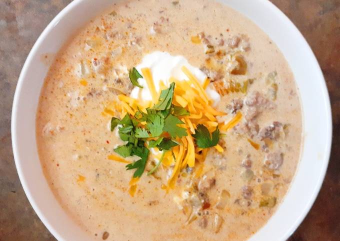 Cheesy Beef and Hatch Chile Soup