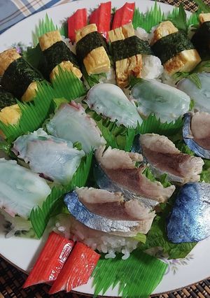 A picture of Octopus, Marinated Mackerel, and Tamagoyaki Sushi.