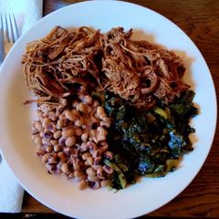A picture of Crockpot Collection: Lucky New Years Meal - Barbecue, Black-Eyed Peas, and Collard Greens.