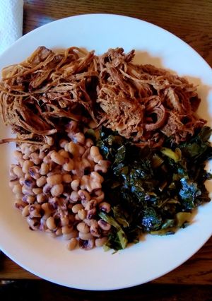 A picture of Crockpot Collection: Lucky New Years Meal - Barbecue, Black-Eyed Peas, and Collard Greens.