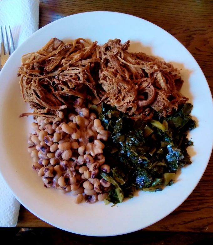 A picture of Crockpot Collection: Lucky New Years Meal - Barbecue, Black-Eyed Peas, and Collard Greens.