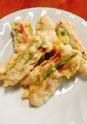 A picture of Tempura with Fish Sausage and Green Beans.