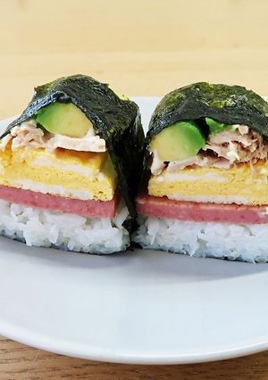 A picture of Pork, Egg, Avocado & Tuna Onigiri.