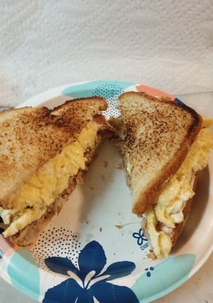 A picture of Leftover Roasted Pork and Scrambled Sandwich Remembrance..