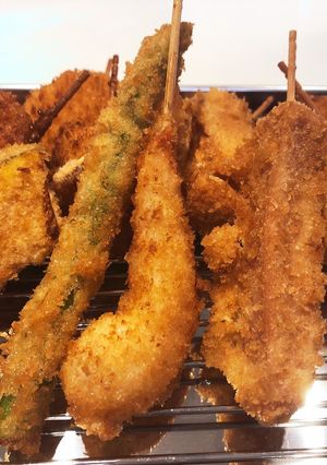 A picture of Variety Kushiage (Japanese Skewered Fried Foods).