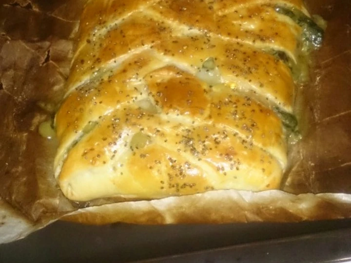 Receta Trenza de hojaldre con espinacas🍃, bechamel, y queso de cabra🐐  que Muy delicioso