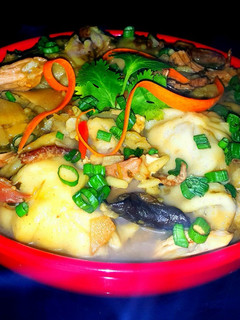 A picture of Mike's Steamy Asian Chicken & Dumpling Soup.