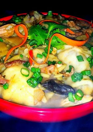 A picture of Mike's Steamy Asian Chicken & Dumpling Soup.