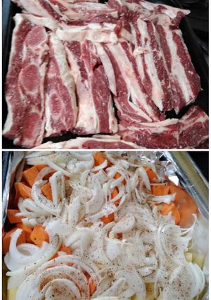Una foto de Falda con papas, batatas, y cebolla al horno..😋