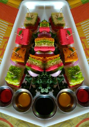 A picture of Colourful Dhokla Kabab.