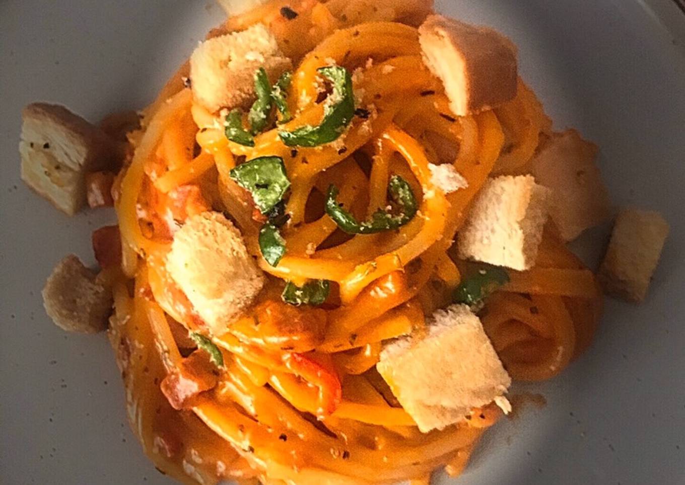 Spaghetti with chorizo & Chilli and lemon and pepper flavoured croutons