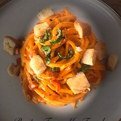 A picture of Spaghetti with chorizo & Chilli and lemon and pepper flavoured croutons.