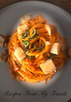 A picture of Spaghetti with chorizo & Chilli and lemon and pepper flavoured croutons.