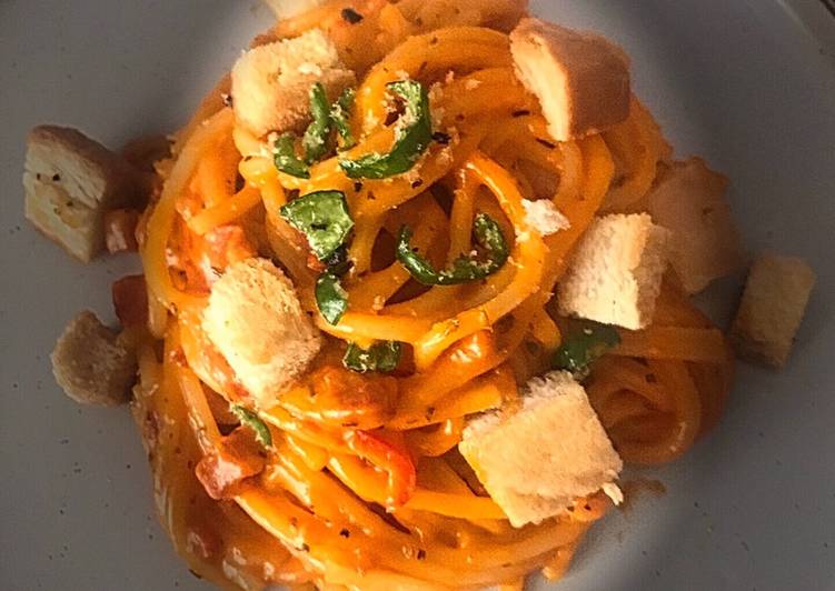 How to Serve Favorite Spaghetti with chorizo &amp; Chilli and lemon and pepper flavoured croutons