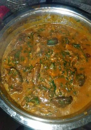 A picture of Ogbono soup with goat meat.