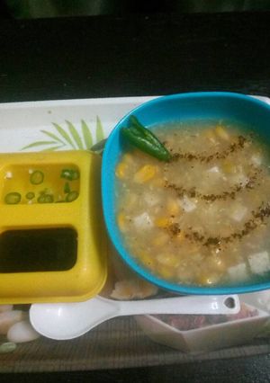 A picture of Masala paneer corn soup.