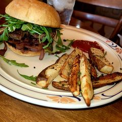 Carmalized Onion & Bleu Cheese Burger and Garlic Rosemary Fries A picture of Carmalized Onion & Bleu Cheese Burger and Garlic Rosemary Fries.