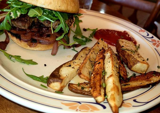 Carmalized Onion & Bleu Cheese Burger and Garlic Rosemary Fries