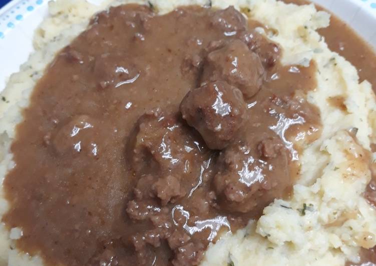 Riced Potatoes and Meatball Gravy