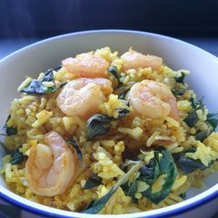 A picture of Prawn turmeric fried rice with basil.