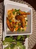 Crawfish/ smoked Gouda grits with crispy shrimp