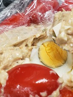 A picture of [Diet Series] Avocado Tofu Tuna Salad with Boiled Egg, Cherry Tomatoes, and Corn.