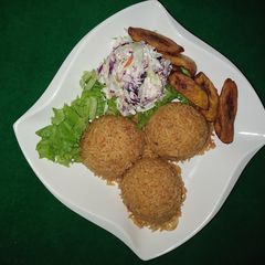 A picture of Jollof rice and Plantain.