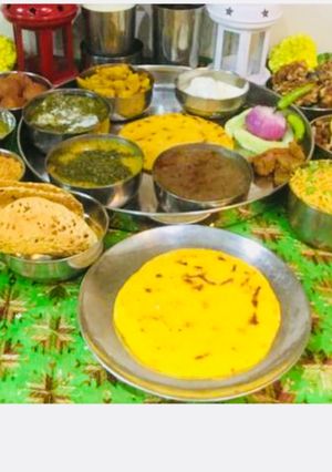 A picture of #Punjabi Thali..Sarson Ka Saag, Makki Ki Roti,Punjabi ChanaDal,Kale ChanaCurry Turnip,.