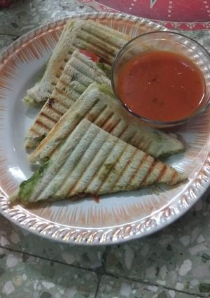 A picture of Vegetable sandwich with tomato soup.