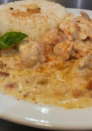 Una foto de Strogonof de pollo con arroz frito