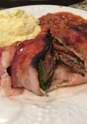 A picture of Bacon Wrapped Stuffed Cream Cheese Beef Poblano Pepper.