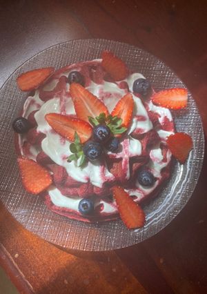 Una foto de Waffles saludables red velvet 🍓🍫