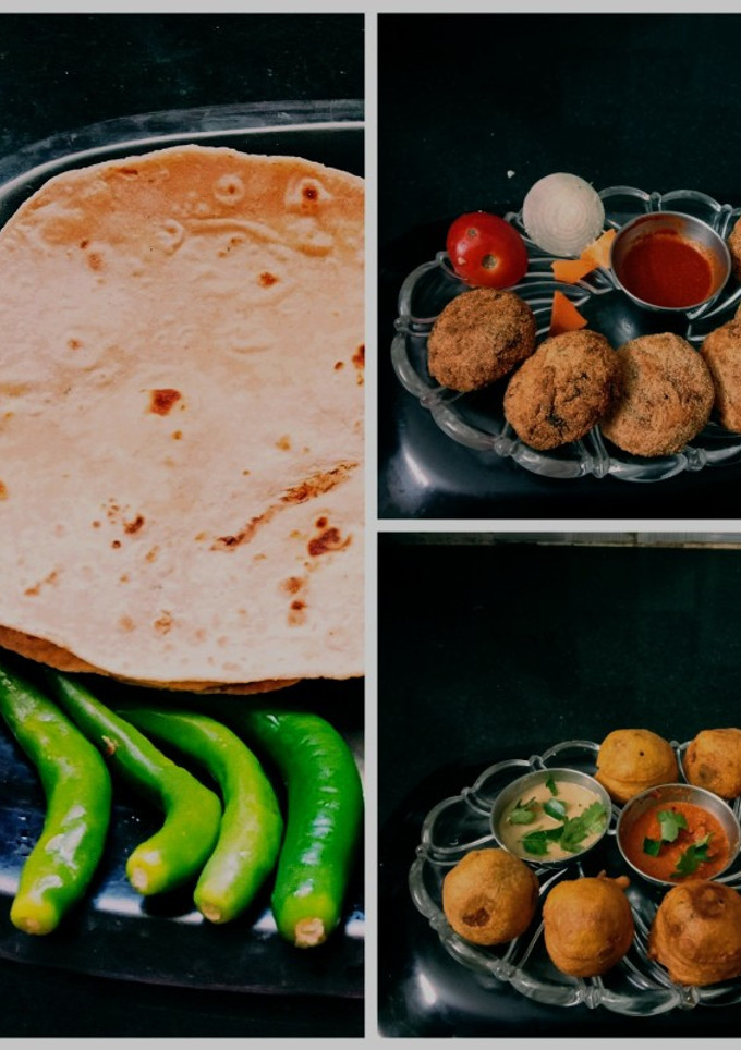 சப்பாத்தி, காரட், உருளை கட்லெட் &போண்டா. செய்முறை முக்கிய புகைப்படம்