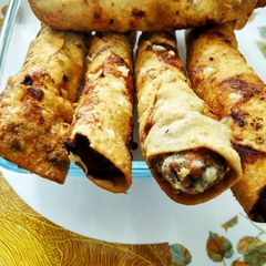 A picture of Karela kabab with papad wrap.