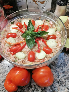 Foto di Panzanella con pane multicereali, verdure, tonno, al profumo di aceto balsamico