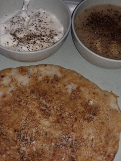 A picture of Ekadashi chilla with rasa aloo.