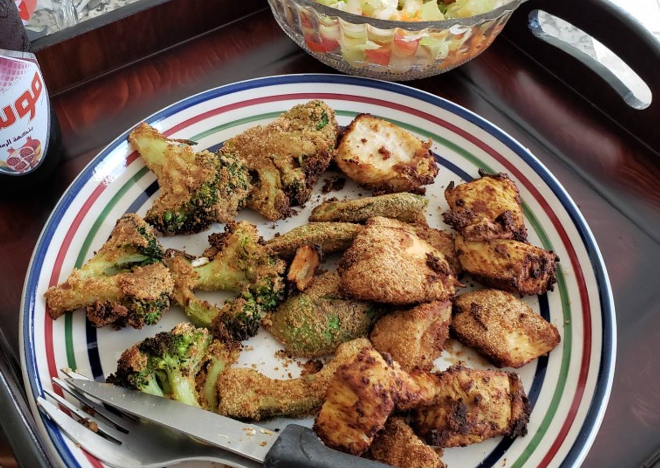 Grilled chicken with roasted broccoli and roasted avocado