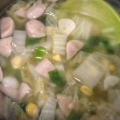 A picture of Nappa Cabbage Corn and Meatballs Soup.