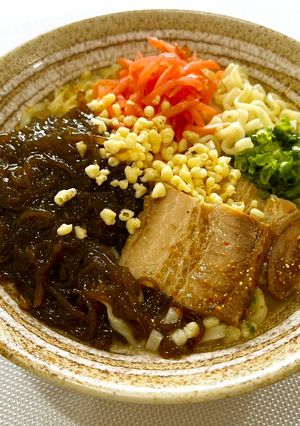 A picture of Authentic Okinawa Soba with Mozuku Topping.