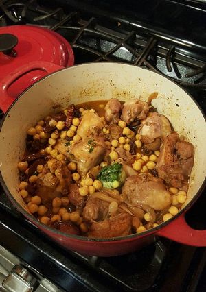 A picture of Chorizo Braised Chicken Thighs with Chickpeas.