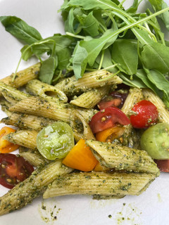 A picture of Pesto pasta - with homemade pesto.