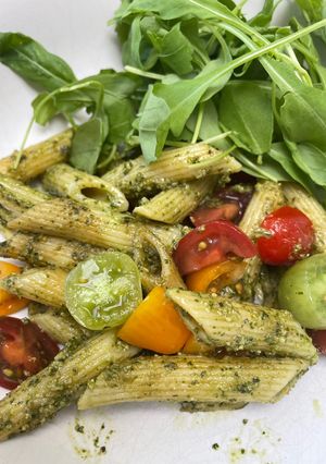 A picture of Pesto pasta - with homemade pesto.