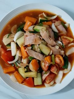 รูปของ "เบคอนผัดเปรี้ยวหวาน"Sweet and Sour Bacon Stir Fry 🥓🥒🥕🍅🧅