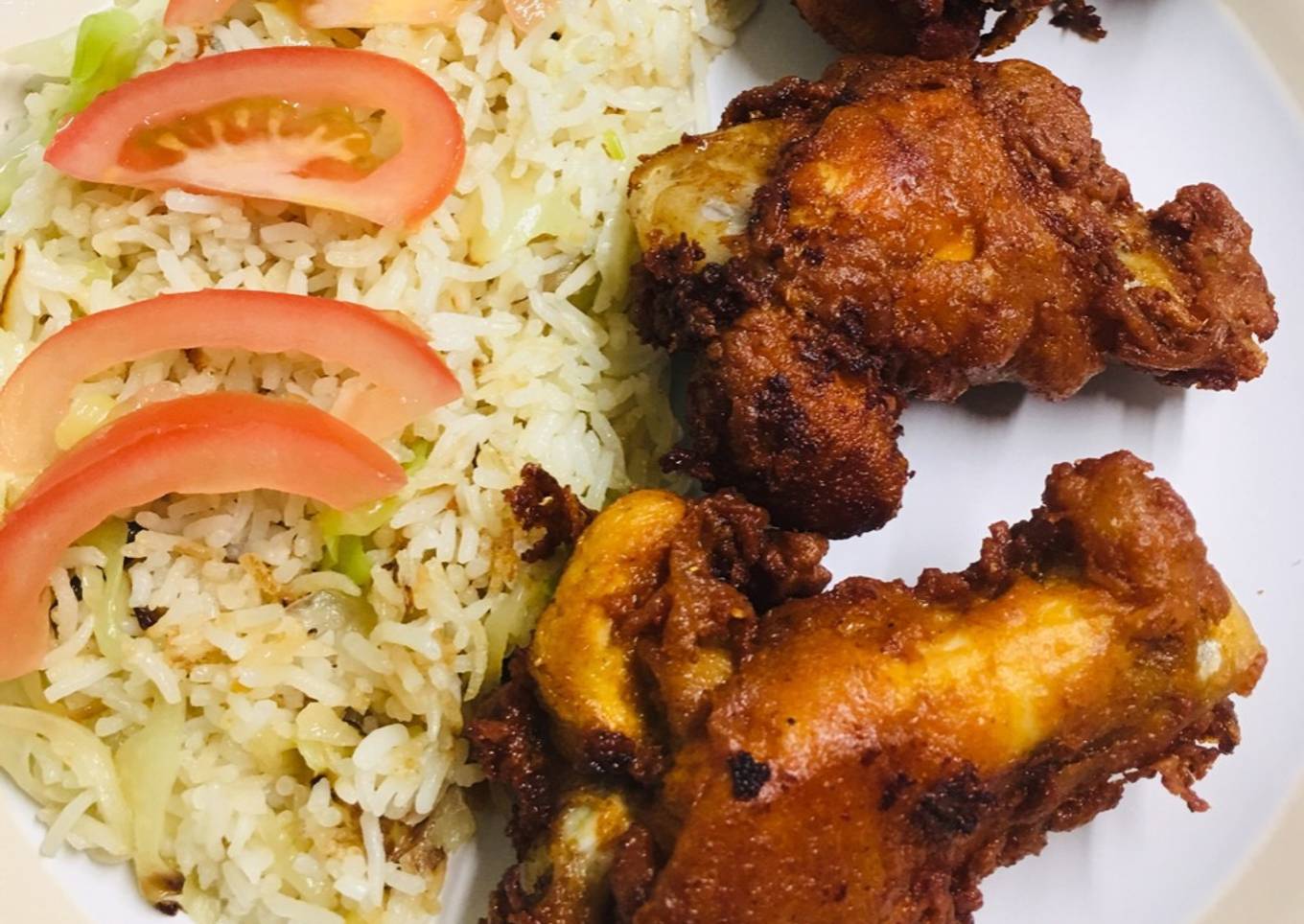 Garlic fried rice with crispy chicken wings