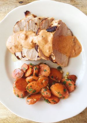 A picture of Blackened Pork Tenderloin with Adobe Cream.